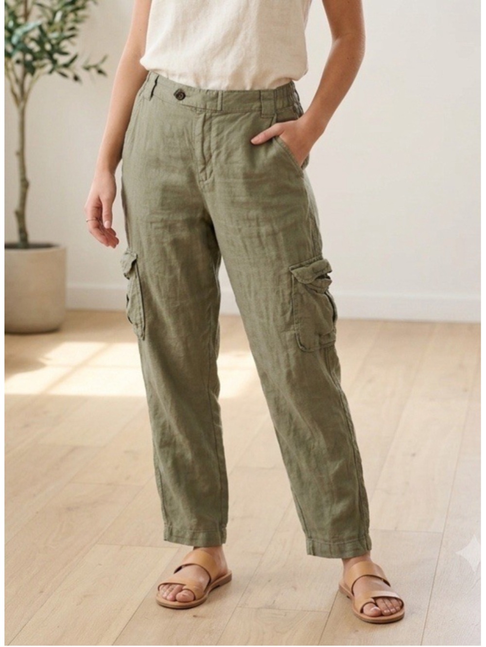 Rachel Rachel Roy Linen Cargo Pants L Olive Green Pockets Beach Nature Girl Boho